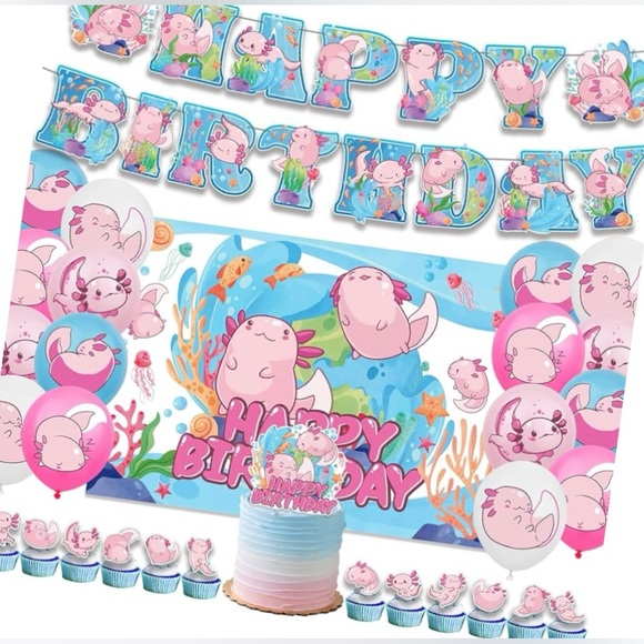 AXOLOTT BIRTHDAY DECOR: Backdrop, HAPPY BIRTHDAY BANNER,Cupcake& Cake Toppers&🎈 - Picture 1 of 2